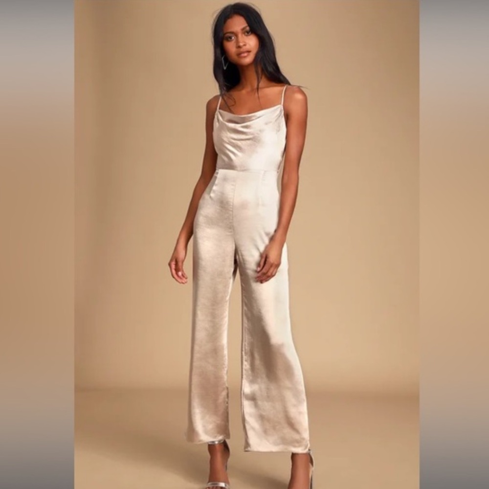 Perfect Night Champagne Satin Cowl Neck Culotte Jumpsuit by Lush